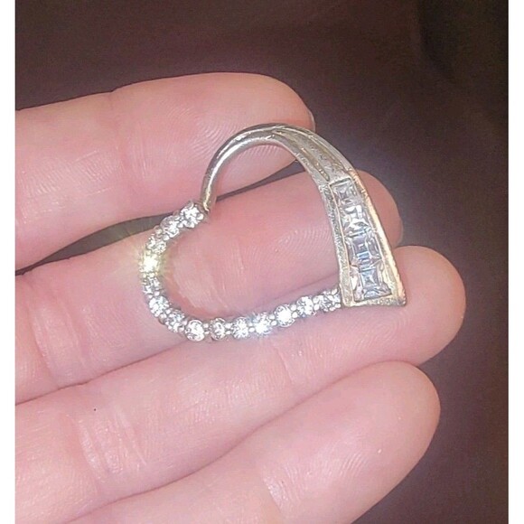 Sterling Silver Open Heart slide Pendant w Round & Baguette Diamonds signed JG - Picture 15 of 16